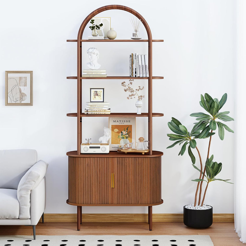Turtle&Myrtle Tall Arched Bookshelf, Mid Century Modern Fluted Bookcase Cabinet with Sliding Doors, Curved Metal Frame Bookcase, Industrial Storage Display Shelving for Living Room, Bedroom (Walnut)