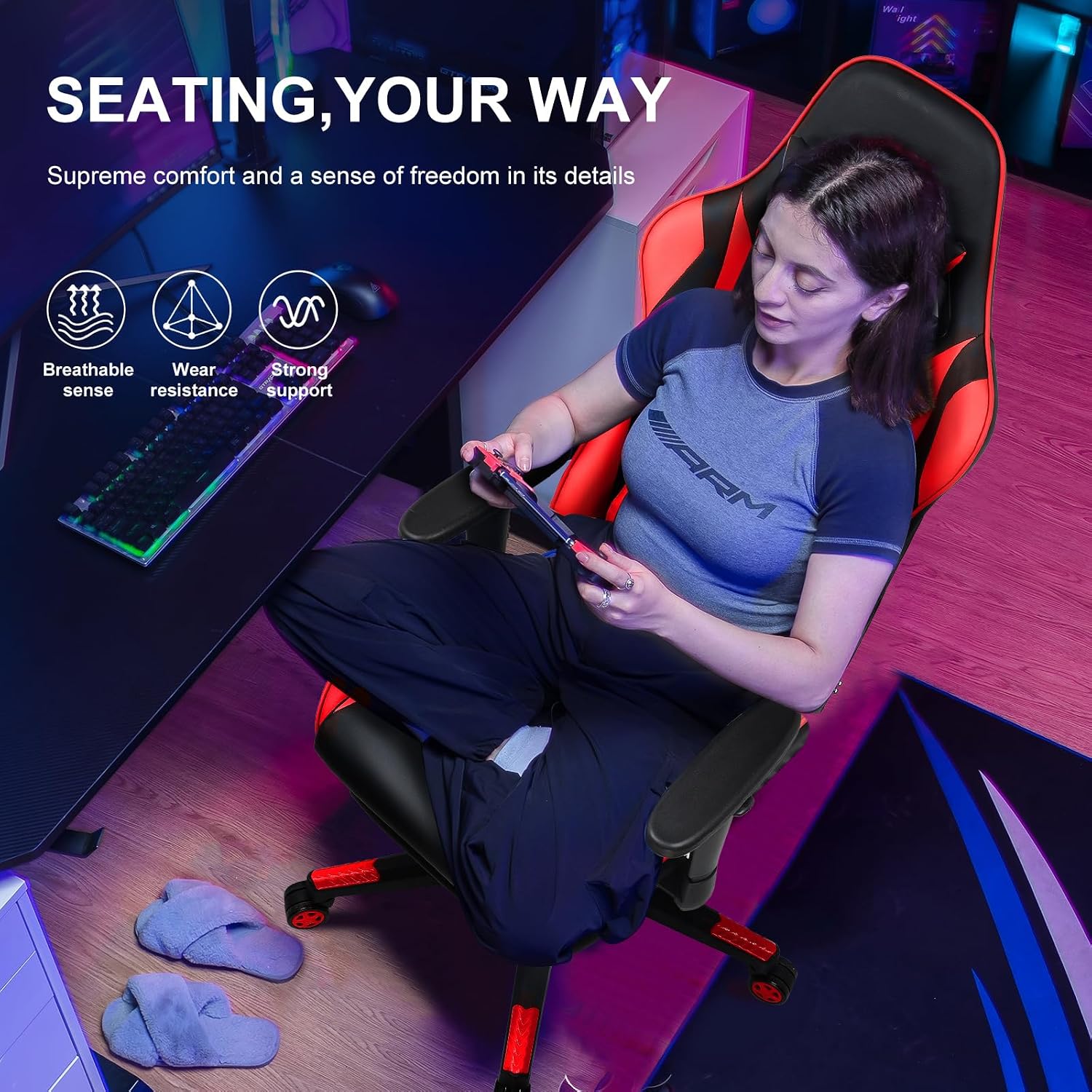 GTPLAYER Gaming Chair with Footrest, Ergonomic Computer Game Desk Chair, Reclining Game Chair Seat Height Adjustment, Swivel Rocker with Headrest and Lumbar (Red)