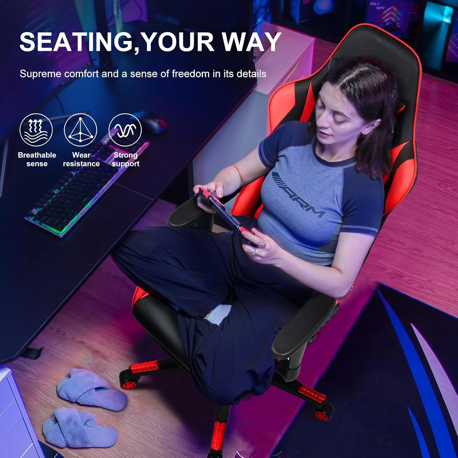 GTPLAYER Gaming Chair with Footrest, Ergonomic Computer Game Desk Chair, Reclining Gamer Chair Seat Height Adjustment, Swivel Rocker with Headrest and Lumbar (Brickred)