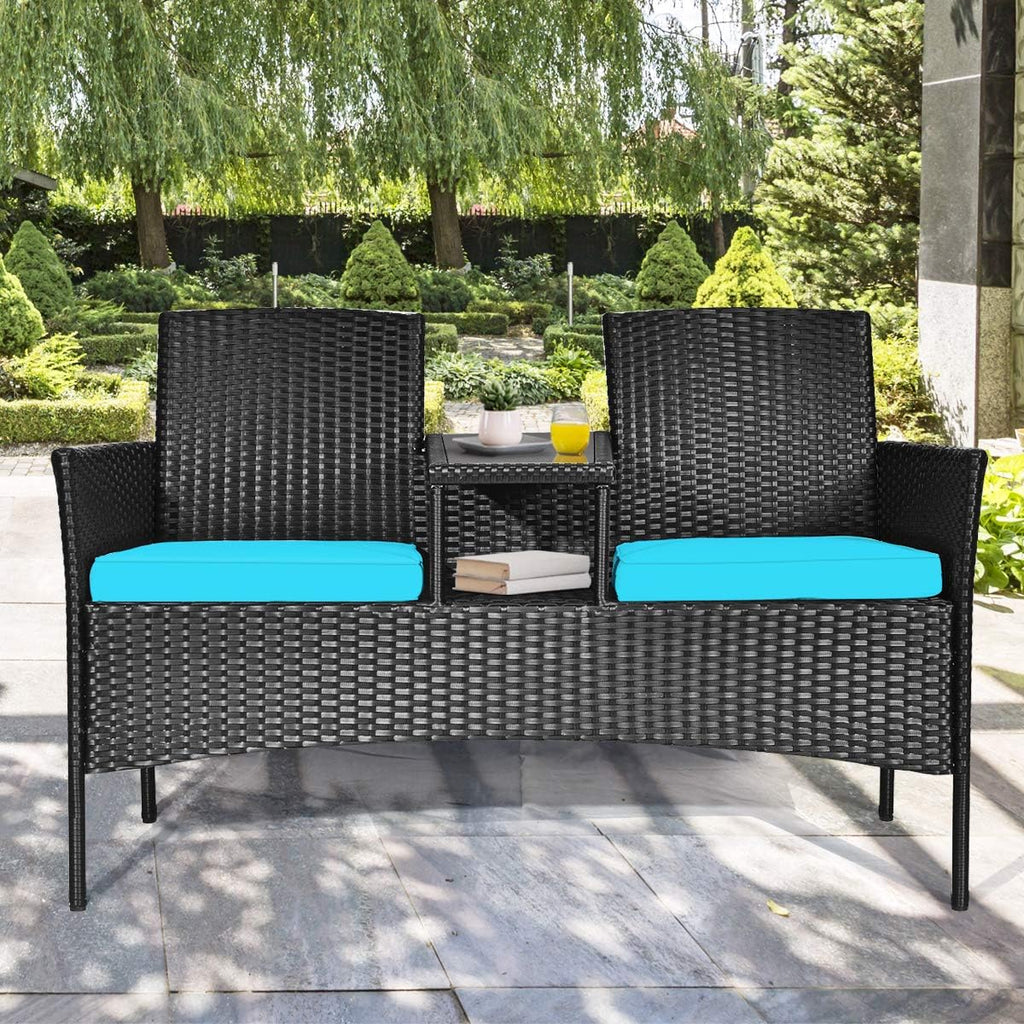Tangkula Wicker Patio Conversation Furniture Set, Outdoor Furniture Set with Removable Cushions & Table, Tempered Glass Top, Modern Rattan Bench for Garden Lawn Backyard