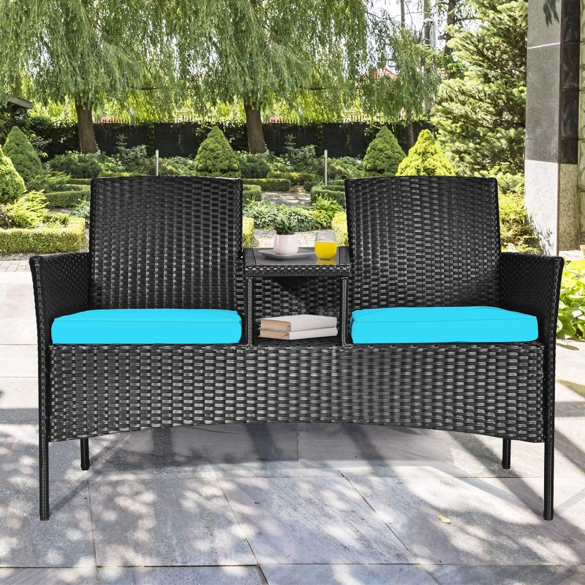 Tangkula Wicker Patio Conversation Furniture Set, Outdoor Furniture Set with Removable Cushions & Table, Tempered Glass Top, Modern Rattan Bench for Garden Lawn Backyard