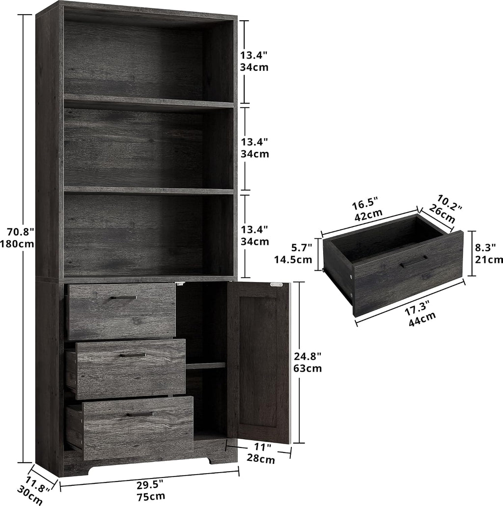 IRONCK Bookshelf with Door and 3 Drawers, 71in Tall Bookcase Shelf with 3-Tier Shelves, for Bedroom Living Room Entrance Hallway Home Office