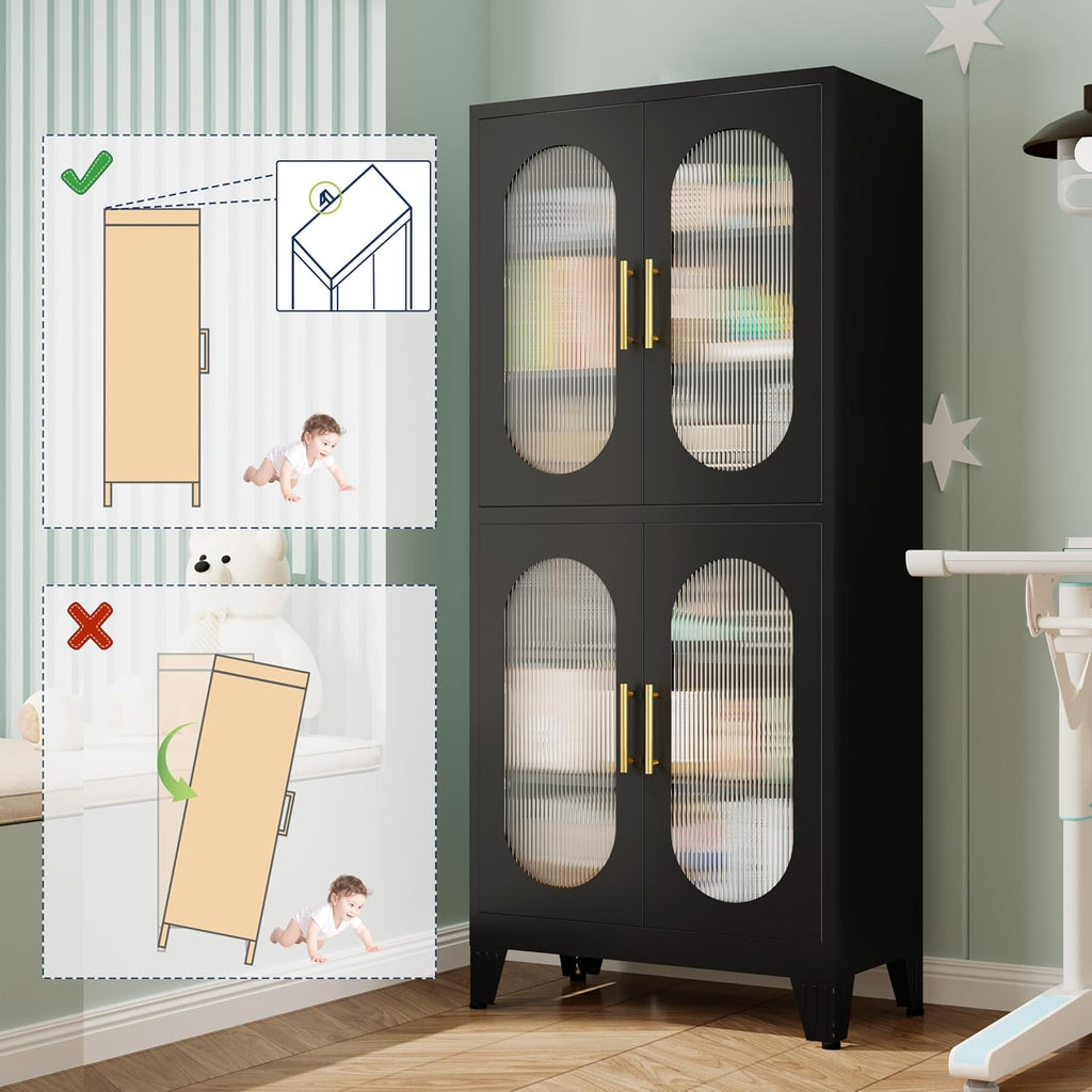 GAIOUS Black Metal Display Cabinet with Acrylic Doors, Kitchen Pantry Cabinets with 4 Adjustable Shelves and Feet, Tall Versatile Storage for Kitchen, Bedroom, Bathroom, Entryway, and Office