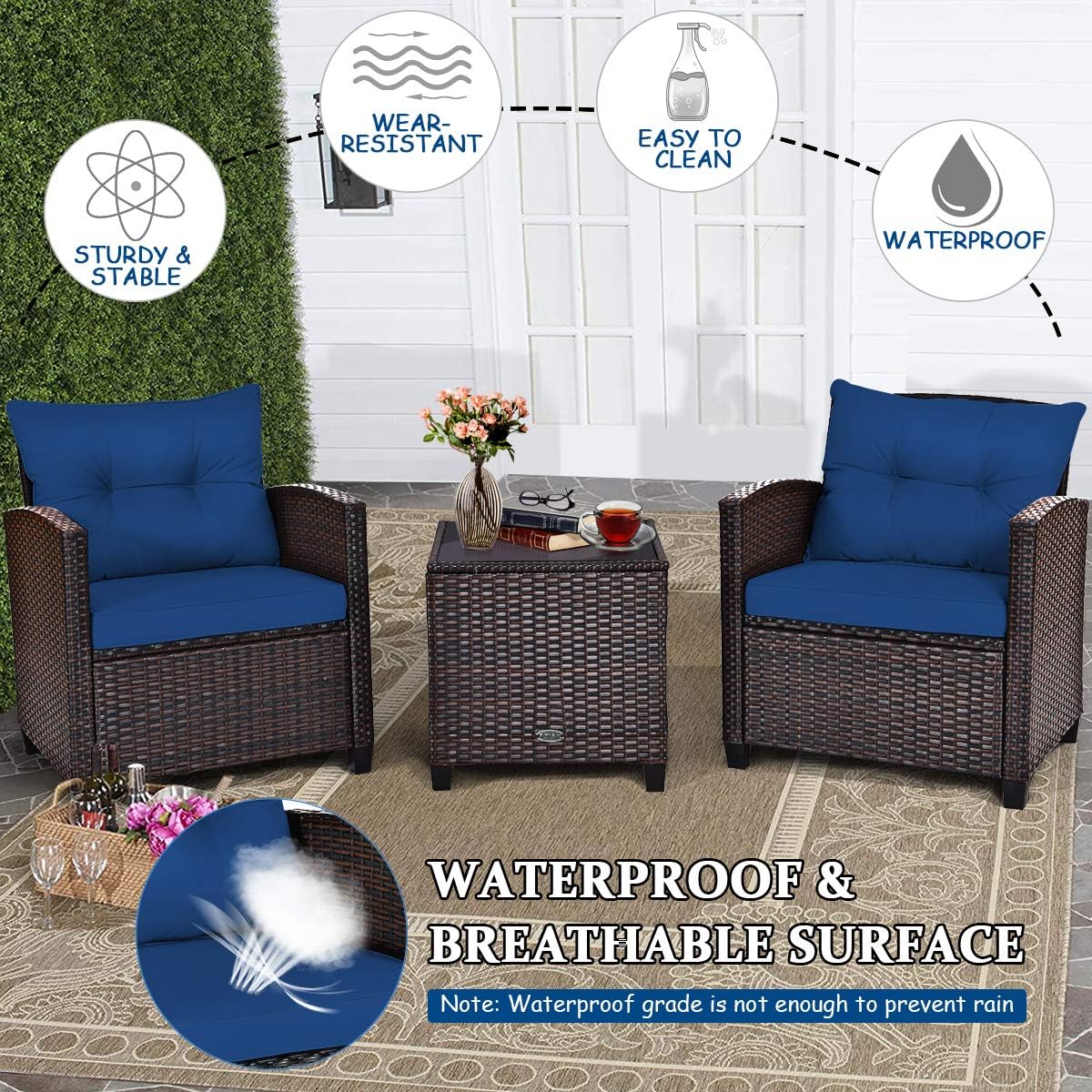 Tangkula 3 Pieces Patio Furniture Set, PE Rattan Wicker 3 Pcs Outdoor Sofa Set w/Washable Cushion and Tempered Glass Tabletop, Conversation Furniture for Garden Poolside Balcony (Blue)