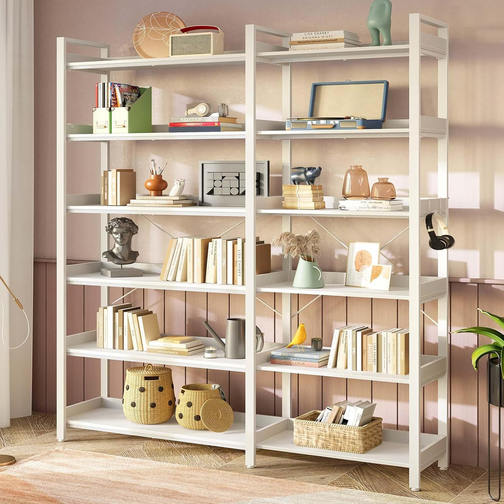Rolanstar Bookshelf 6 Tier with 4 Hooks, Reversible Corner Bookshelf, 69' Industrial Wooden Bookcase with Open Shelves and Metal Frame for Living Room, Bedroom, Home Office, White