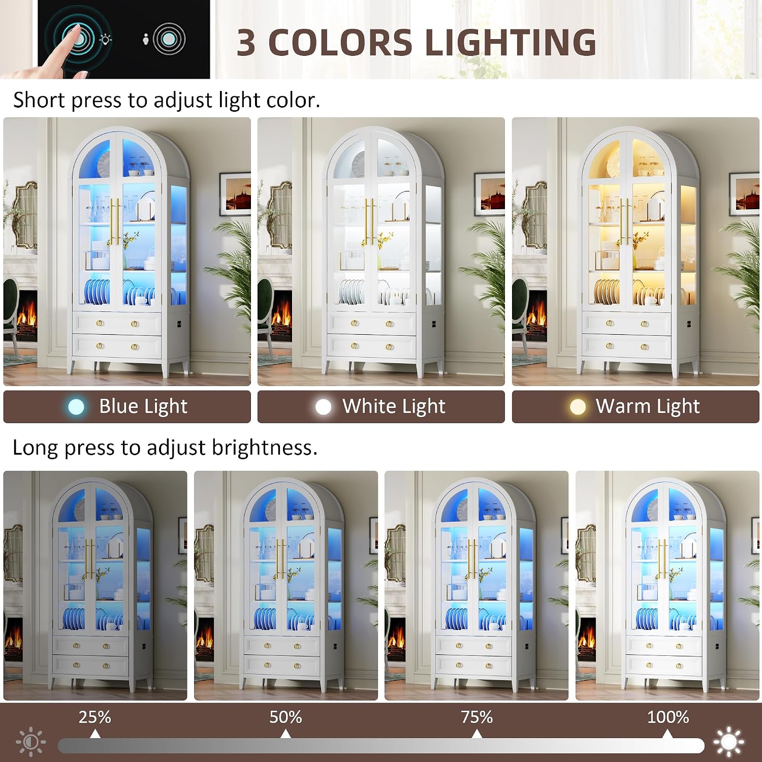 Vlsrka 71 Inch Arched Curio Cabinet, 4-Tier Display Cabinet and 2 Drawers, Tall Bookcase with 3 Color Lights, Display Case with Glass Doors, Kitchen Pantry, White