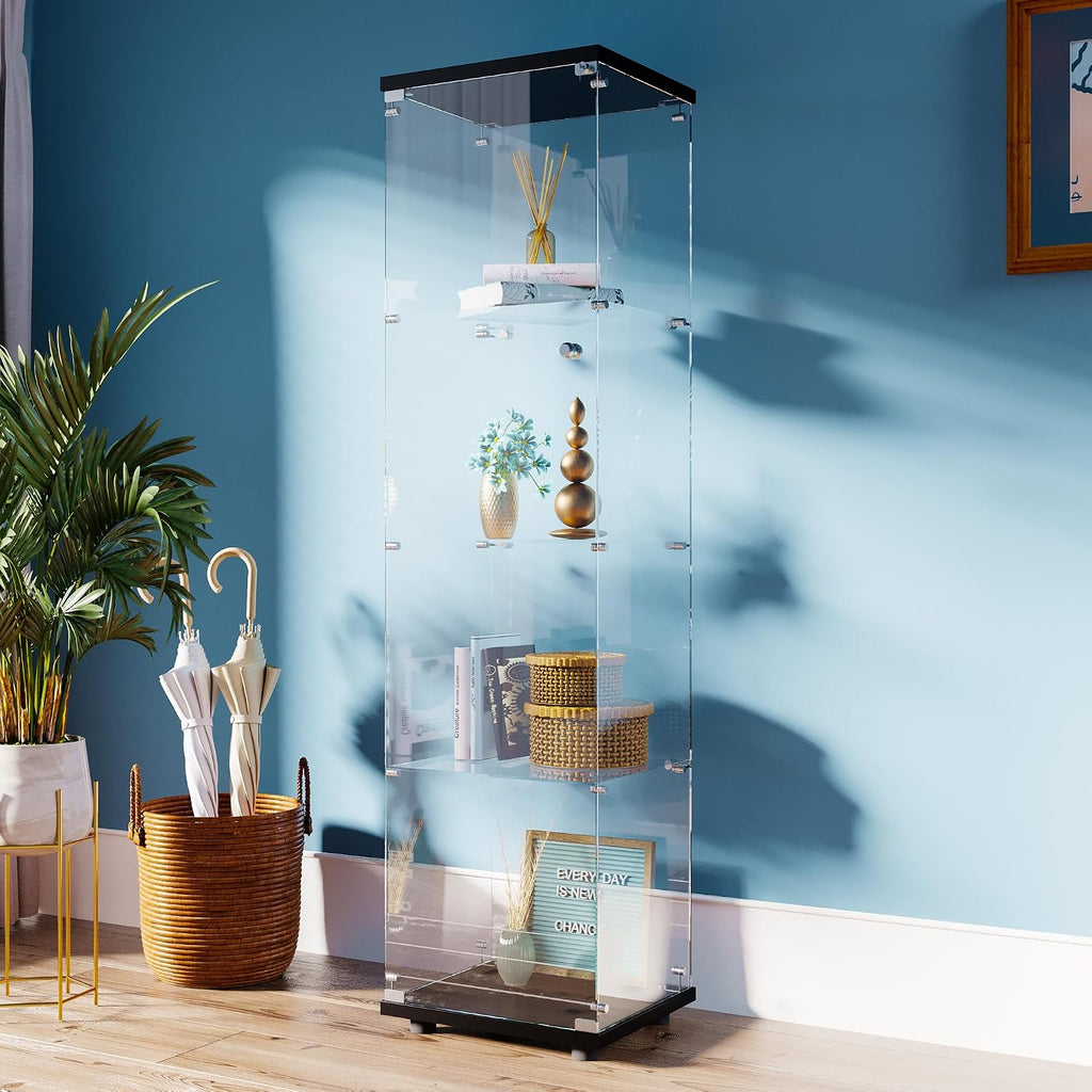 FANYUSHOW Tempered Glass Display Cabinet 4-Shelf Curio Cabinet with Security Lock 5mm Display Shelf Showcase for Living Room/Bedroom/Office- Black 64.7' H x 16.7' L x 14.37' W