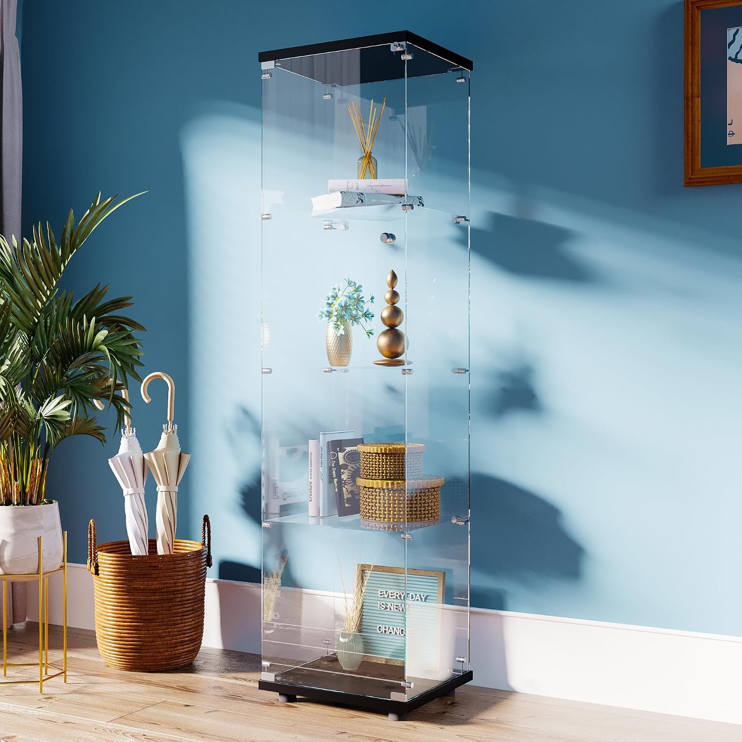 FANYUSHOW Tempered Glass Display Cabinet 4-Shelf Curio Cabinet with Security Lock 5mm Display Shelf Showcase for Living Room/Bedroom/Office- Black 64.7' H x 16.7' L x 14.37' W