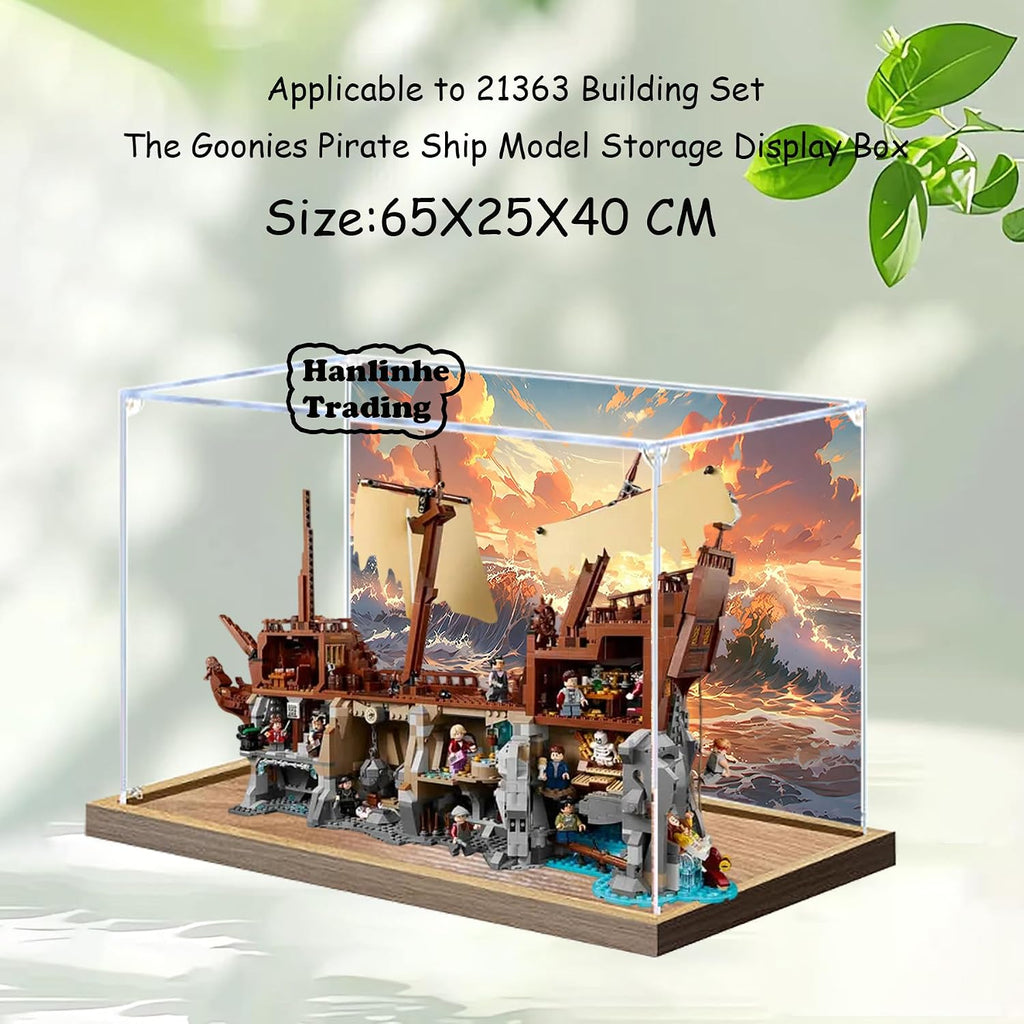 Acrylic Display Case for Lego 21363 The Goonies Pirate Ship Building Set– Dustproof Display Box, Display Box Compatible with Lego 21363-Only Display case (Back Spray Wooden Base 3)