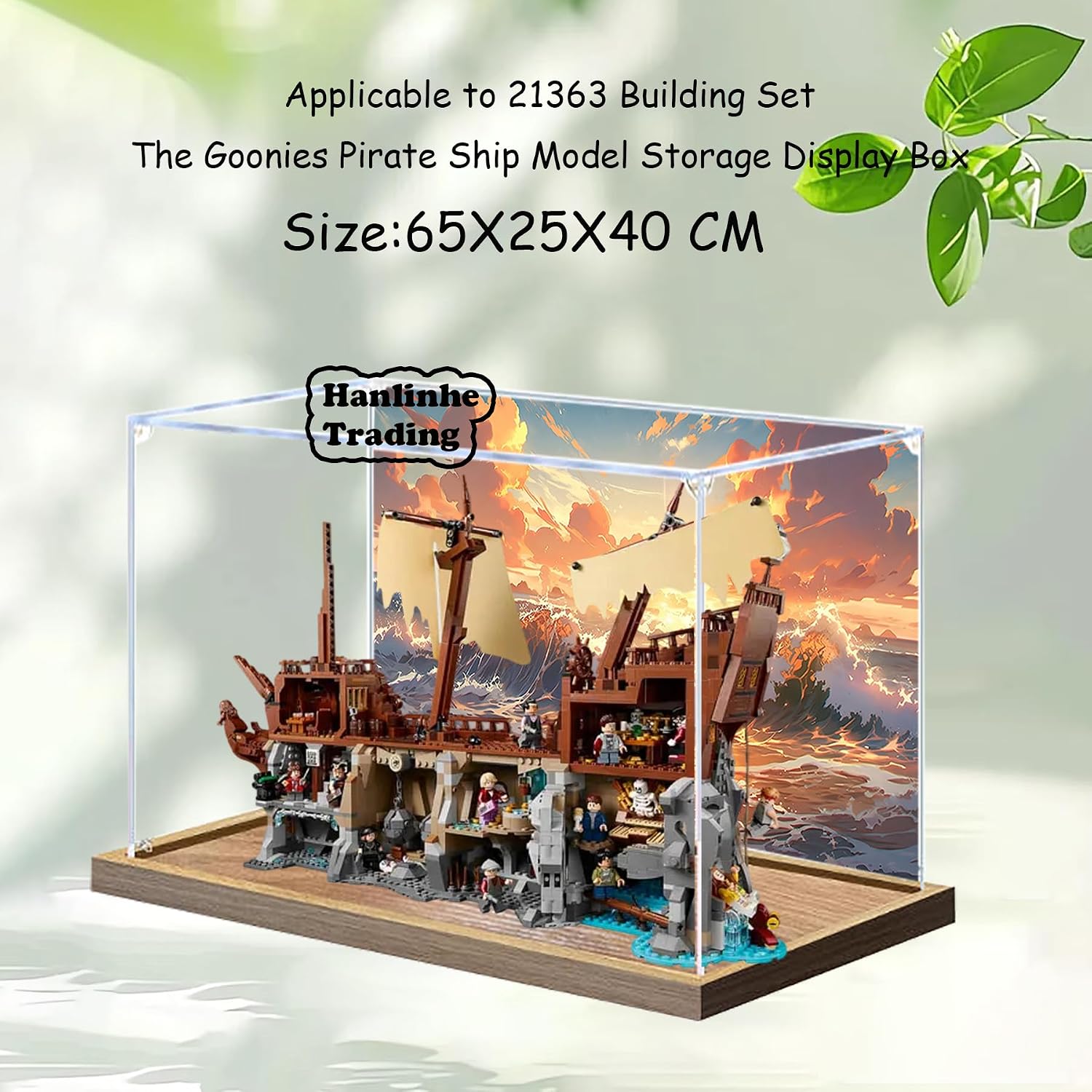 Acrylic Display Case for Lego 21363 The Goonies Pirate Ship Building Set– Dustproof Display Box, Display Box Compatible with Lego 21363-Only Display case (Back Spray Wooden Base 3)