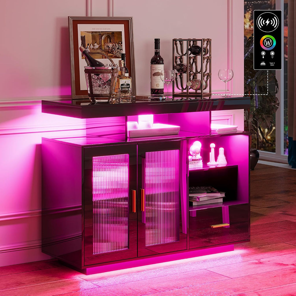 HNEBC LED Sideboard Buffet Cabinet with Charging Station, Smart Bar Cabinet with Auto RGB Lighted, High Gloss Coffee Bar with Drawer/Hutch for Living Room, Dining Room, Home Storager(Black)