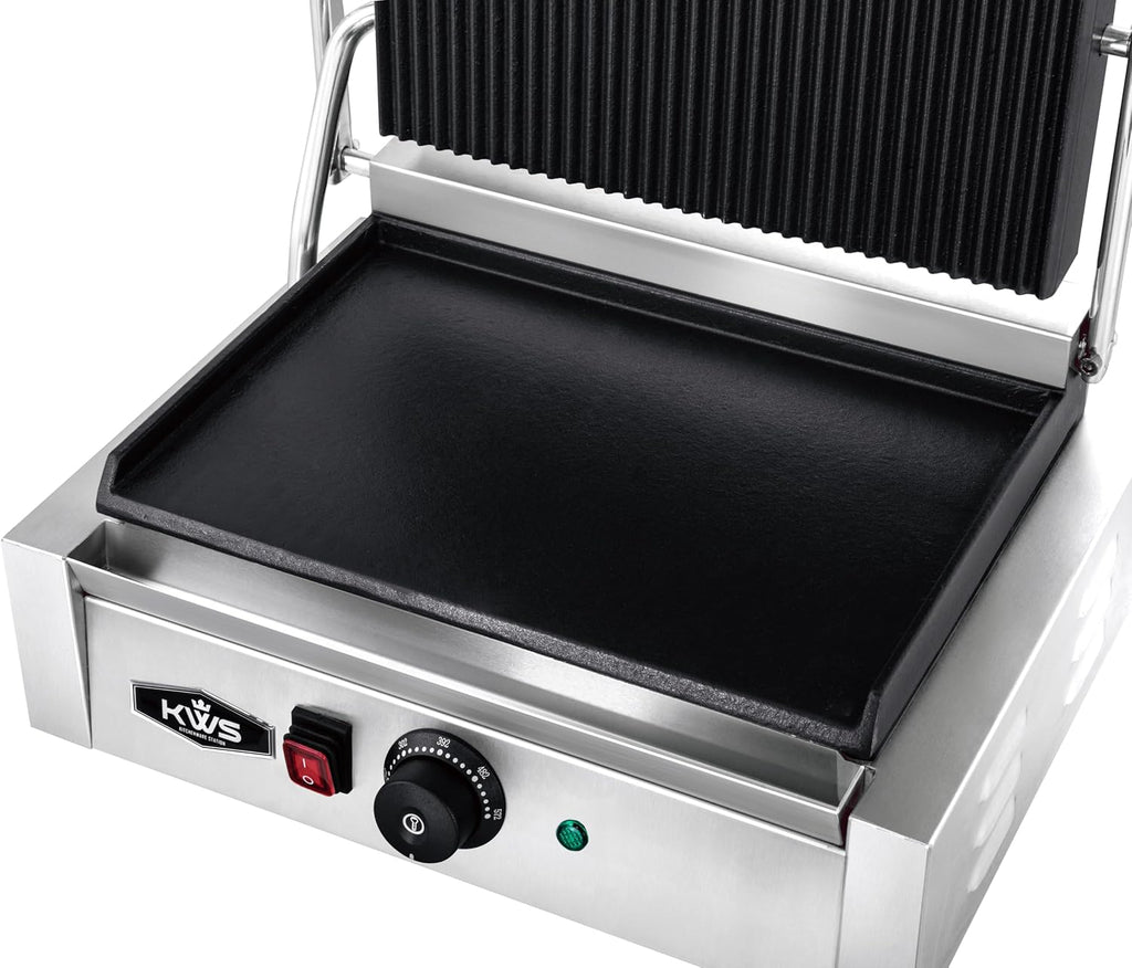 KWS PFM-17 1700W Electric Panini Press Maker with Grooved Top & Smooth Bottom Sandwich Toasting Grill – 13.5″ X 9.25″ Cooking Surface