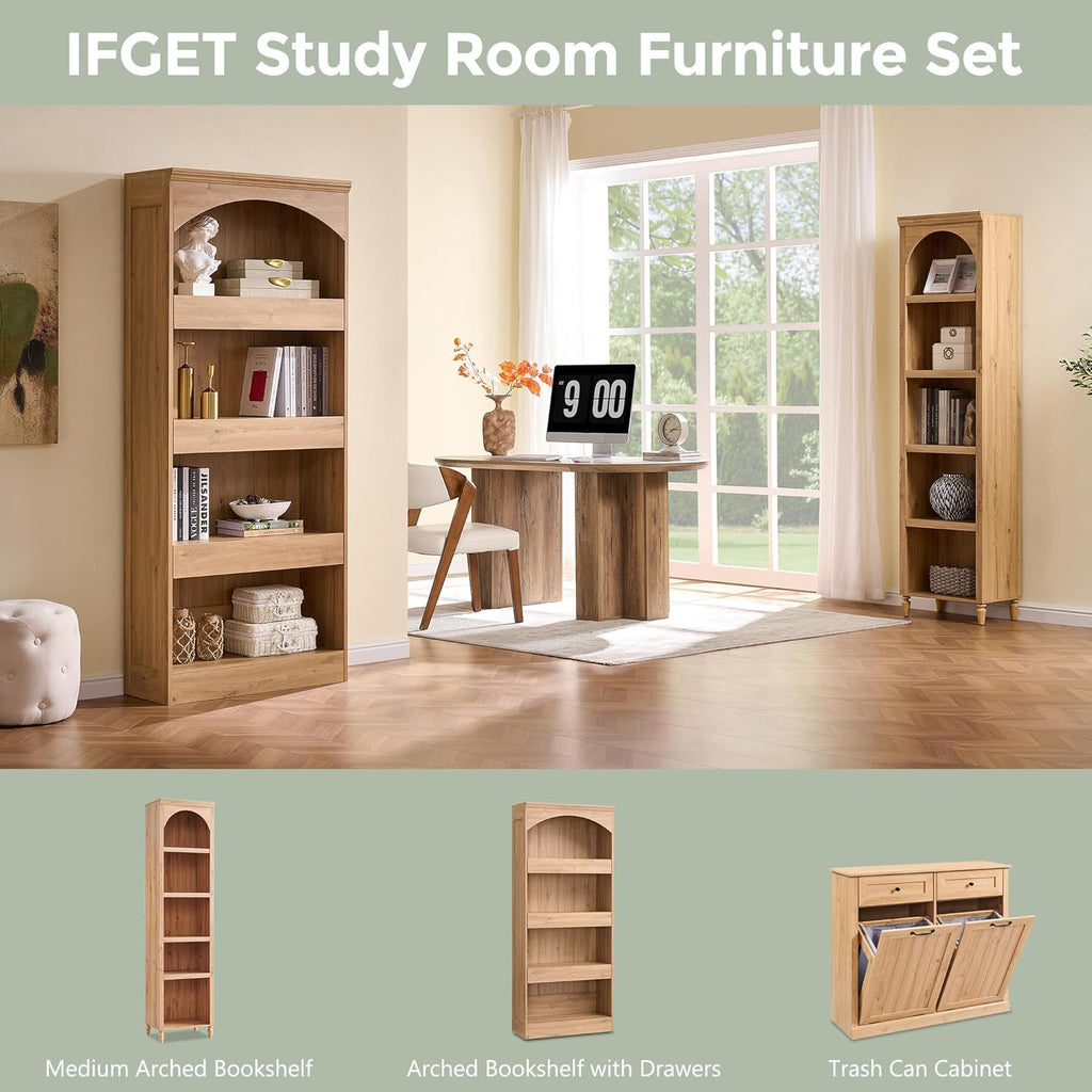IFGET 76' Tall Arched Bookcase with 1PC Magnetic Lock Drawer, Modern Wooden Arch Bookshelf w/3 Pull-Out Drawers, Farmhouse 4 Tiers Book Shelf w/Open Shelves for Living Room, Office (Natural)
