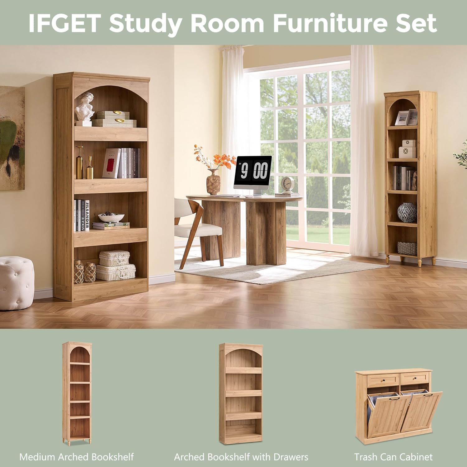 IFGET 76' Tall Arched Bookcase with 1PC Magnetic Lock Drawer, Modern Wooden Arch Bookshelf w/3 Pull-Out Drawers, Farmhouse 4 Tiers Book Shelf w/Open Shelves for Living Room, Office (Natural)