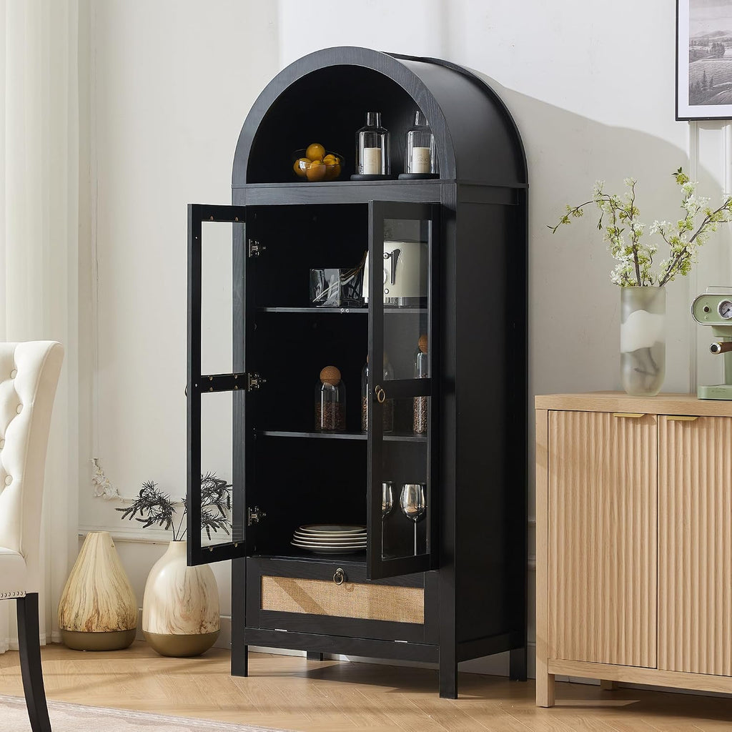 TYBOATLE 71' Tall Arched Pantry Cabinet with Innovative Drawer, Kitchen Cabinet with Anti-Tipping Device and Glass Door, Versatile Cupboard for Kitchen, Dining, Black