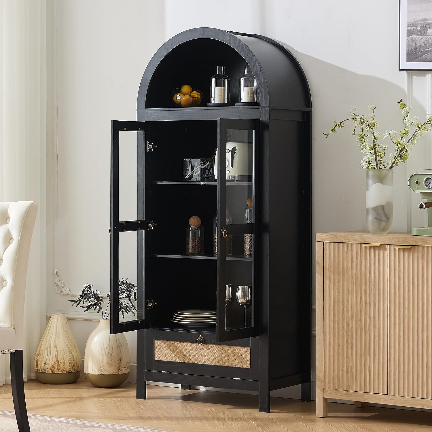 TYBOATLE 71' Tall Arched Pantry Cabinet with Innovative Drawer, Kitchen Cabinet with Anti-Tipping Device and Glass Door, Versatile Cupboard for Kitchen, Dining, Black
