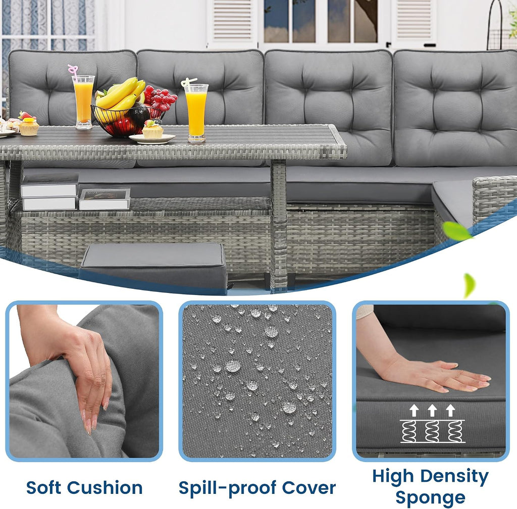 KROFEM 6-Piece Patio Furniture Set, Outdoor Sectional Sofa with Dining Table & Chairs, All-Weather Dining Set with Removable Cushion Covers, Ideal for Garden, Porch, Backyard, Grey