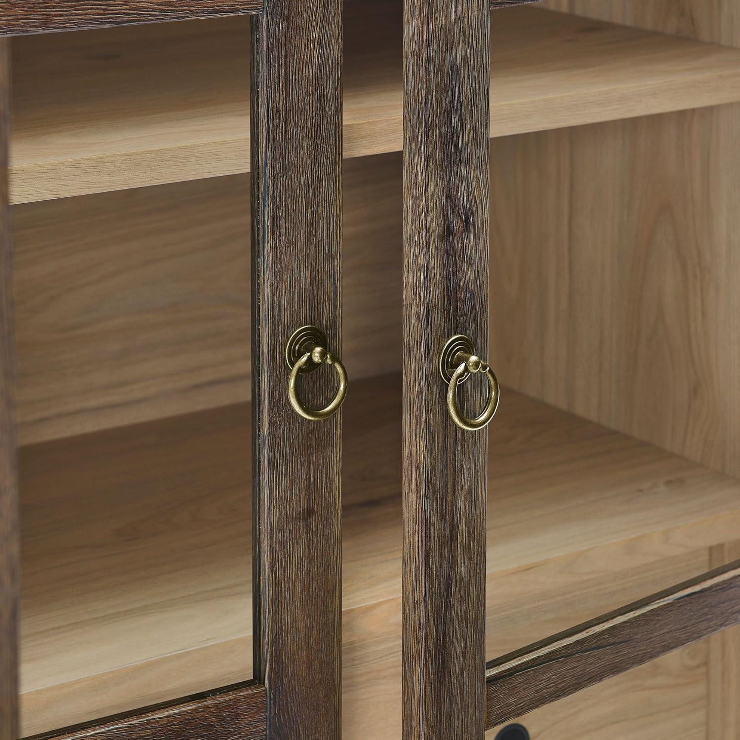 Modway Nolan Modern Farmhouse 71 Inch Tall Arched Storage Display Cabinet in Walnut Hickory Wood Grain - 4-Tier Bookcase with Glass Doors and Shelves - Arch Accent Cabinet for Living Room