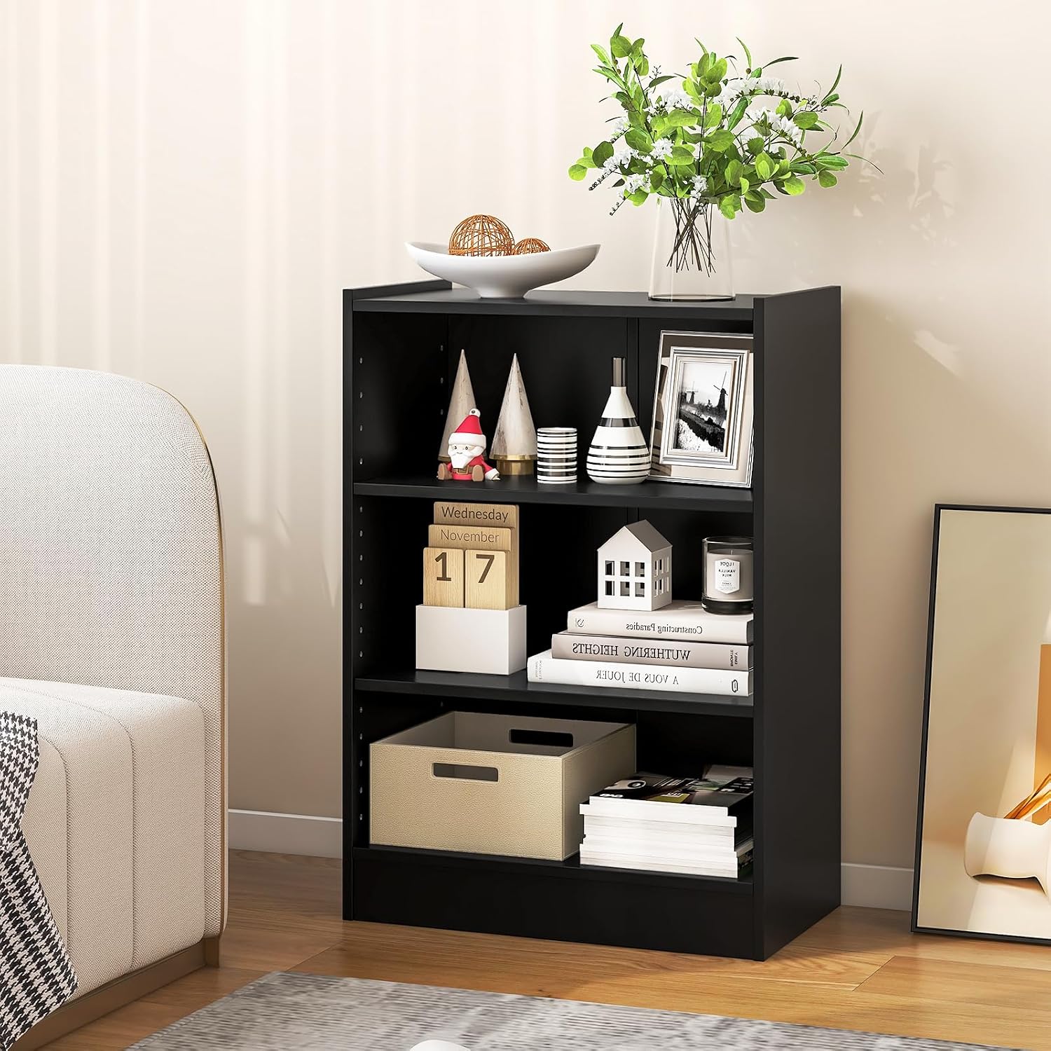 Tangkula 3 Tier Bookcase, Floor Standing Open Bookshelf with 18-Position Adjustable Shelves, Anti-toppling Device, Modern Multipurpose Display Storage Organizer for Living Room Study (2, Black)