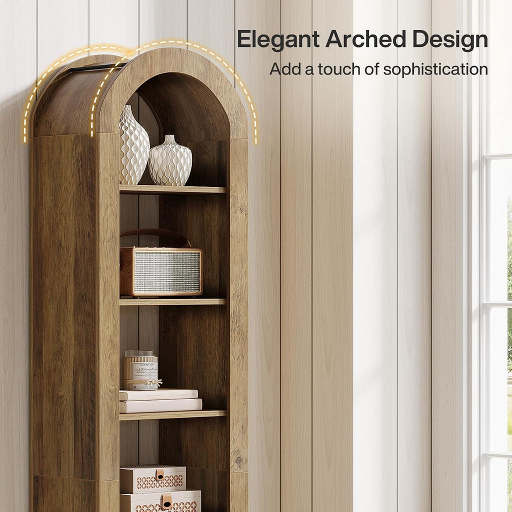 Tribesigns 74.8' Tall Arched Bookshelf, 6-Tier Narrow Open Bookcase, Floor Standing Corner Display Shelves Storage Organizer for Small Space, Home Office, Living Room (Rustic Brown, 2 PCS)