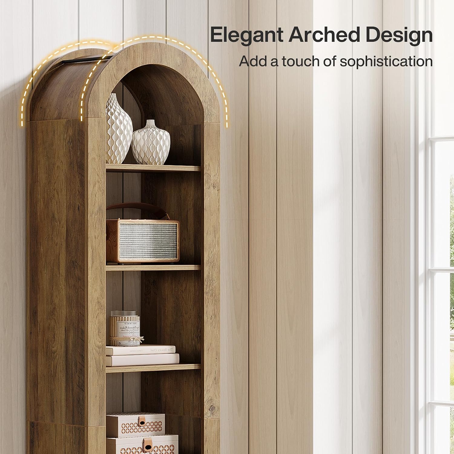 Tribesigns 74.8' Tall Arched Bookshelf, 6-Tier Narrow Open Bookcase, Floor Standing Corner Display Shelves Storage Organizer for Small Space, Home Office, Living Room (Rustic Brown, 2 PCS)