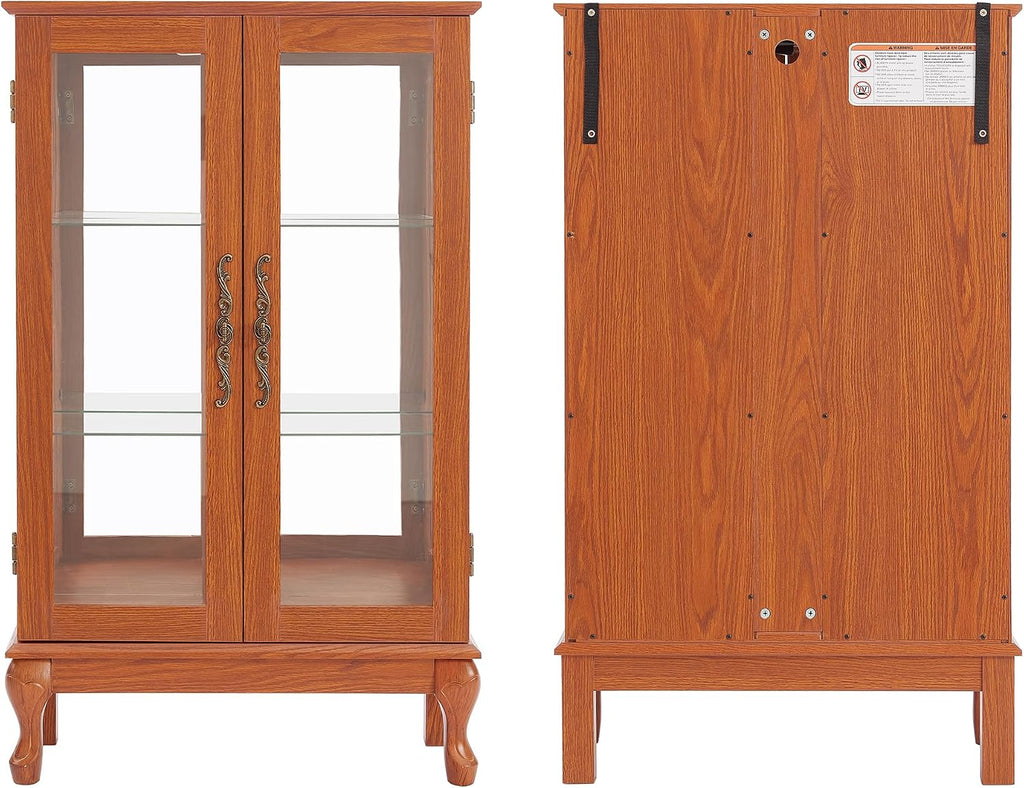 43' H Lighted Glass Curio Display Cabinet, 3-Tier Glass Accent Storage Cabinet Curio Showcase w/Adjustable Shelves,Wine Artwork Storage Rack w/Mirrored Back Panel for Living Room(Dark Oak)