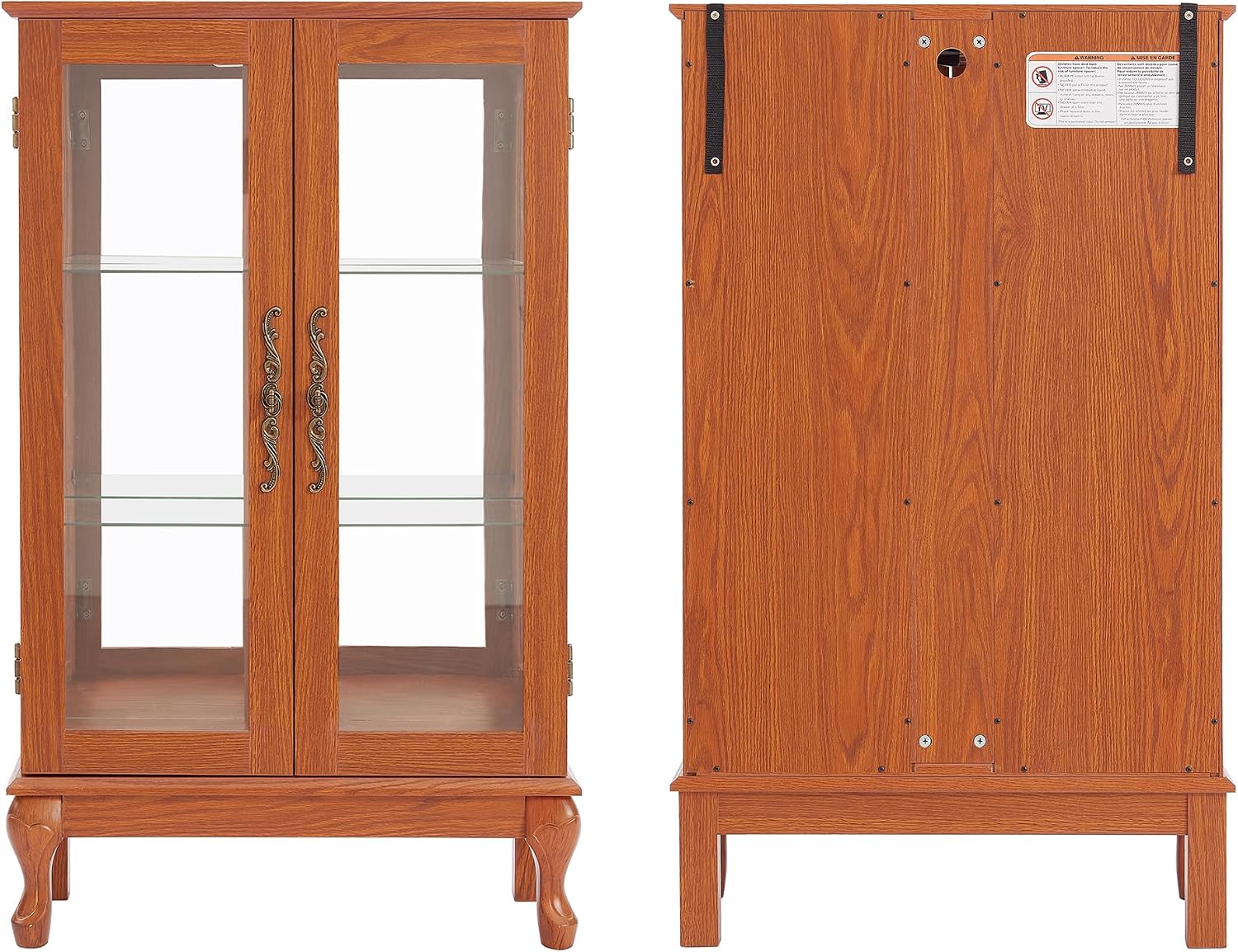 43' H Lighted Glass Curio Display Cabinet, 3-Tier Glass Accent Storage Cabinet Curio Showcase w/Adjustable Shelves,Wine Artwork Storage Rack w/Mirrored Back Panel for Living Room(Dark Oak)