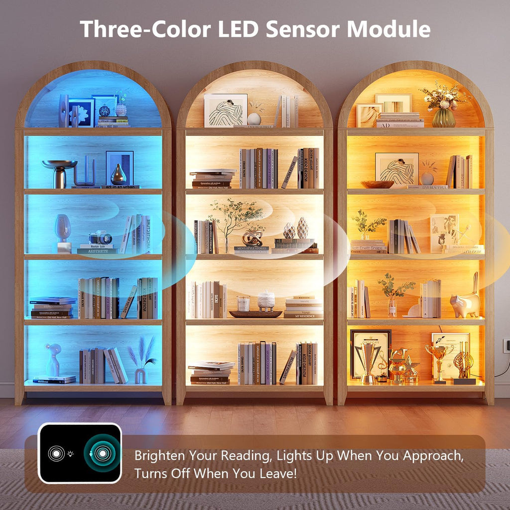Arch Bookcase - 5 Tiers Bookshelf with 3 Colors LED Sensor Lights and Thickened Wooden Design Display Shelf for Lego Books Bathroom Living Room - Ideal Gift (Wood)