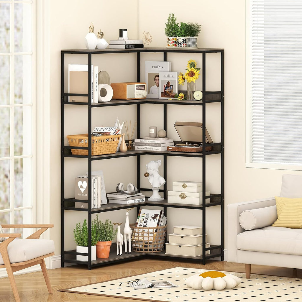 Giantex 5-Tier Corner Bookshelf, 71' L-Shaped Bookcase, Tall Etagere Bookshelf with Metal Frame, Industrial Open Display Shelf, Vertical Storage Rack for Living Room, Study, Office (Oak)