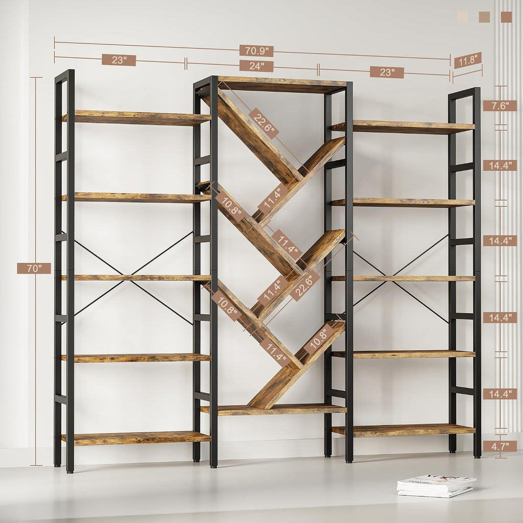 INNOD 70x70 Triple 5 Tier Book Shelf, Large Wooden Bookcase with 17 Open Display Shelf, Modern Tree Bookshelf Metal Frame Tall Book Case Furniture for Living Room Bedroom Home Office Rustic Brown