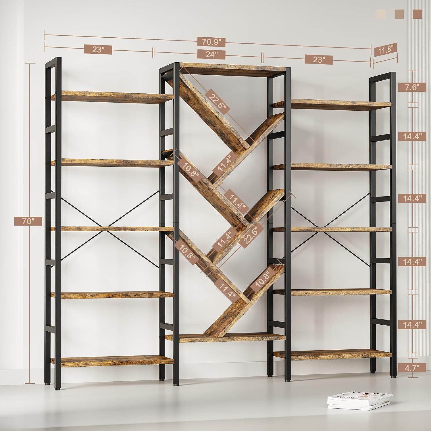 INNOD 70x70 Triple 5 Tier Book Shelf, Large Wooden Bookcase with 17 Open Display Shelf, Modern Tree Bookshelf Metal Frame Tall Book Case Furniture for Living Room Bedroom Home Office Rustic Brown