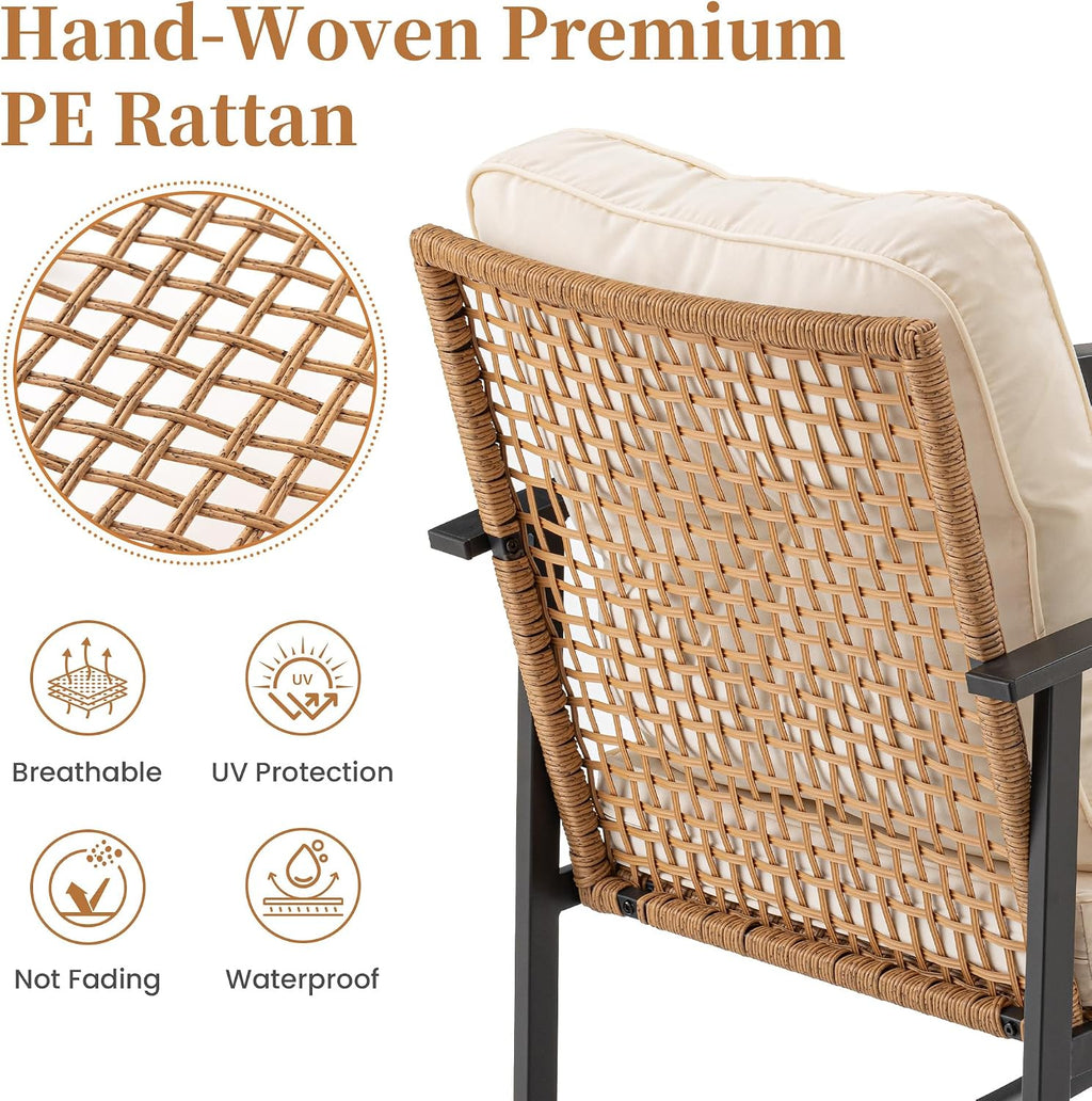 COSIEST 3-Piece Outdoor Rocking Chairs Bistro Set, Rattan Patio Furniture with Thick Warm Beige Cushions & 2-Tier Storage Coffee Table for Garden, Porch, Balcony,Backyard
