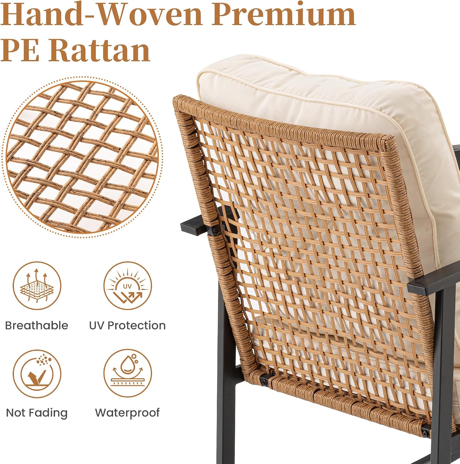 COSIEST 3-Piece Outdoor Rocking Chairs Bistro Set, Rattan Patio Furniture with Thick Warm Beige Cushions & 2-Tier Storage Coffee Table for Garden, Porch, Balcony,Backyard