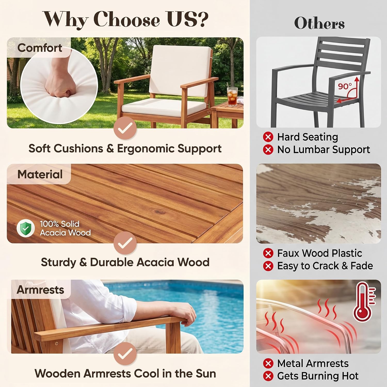 Devoko Patio Furniture Set 8 Pieces Acacia Wood Outdoor Furniture, Patio Set with Table & Cushions for Garden, Deck, Backyard, Natural