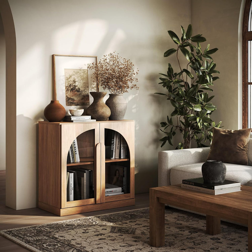 BELLEZE Bijou 31.5' Modular Sideboard Cabinet & TV Stand Console - Expandable Design w/Arched Glass Doors - Use Solo or Combine for Buffet, Living Room Media Center & Entryway - 70lbs Capacity, Camel