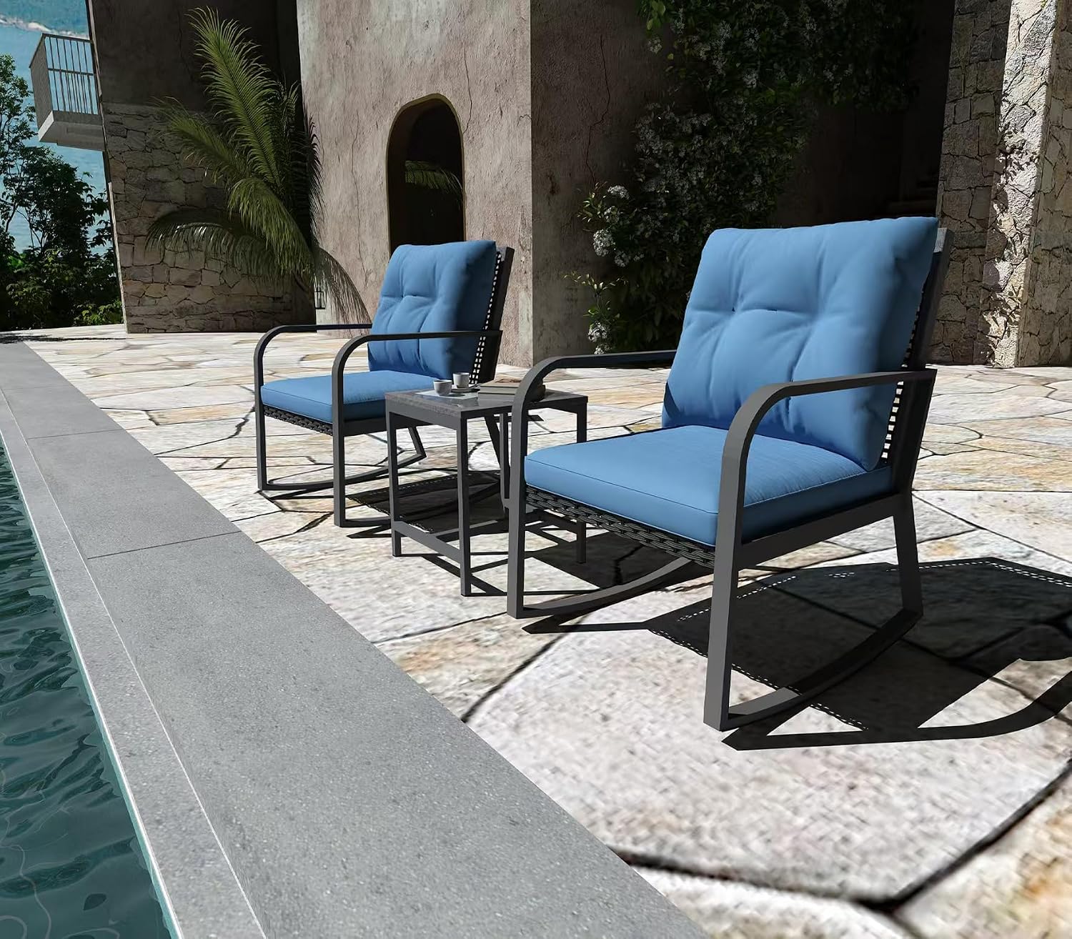 Bistro 3 Piece Patio Furniture Set, Patio Table and Rattan Outdoor Rocking Chairs Set of 2, Outdoor Bistro Conversation Set for Garden, Balcony, Poolside, Backyard, Blue