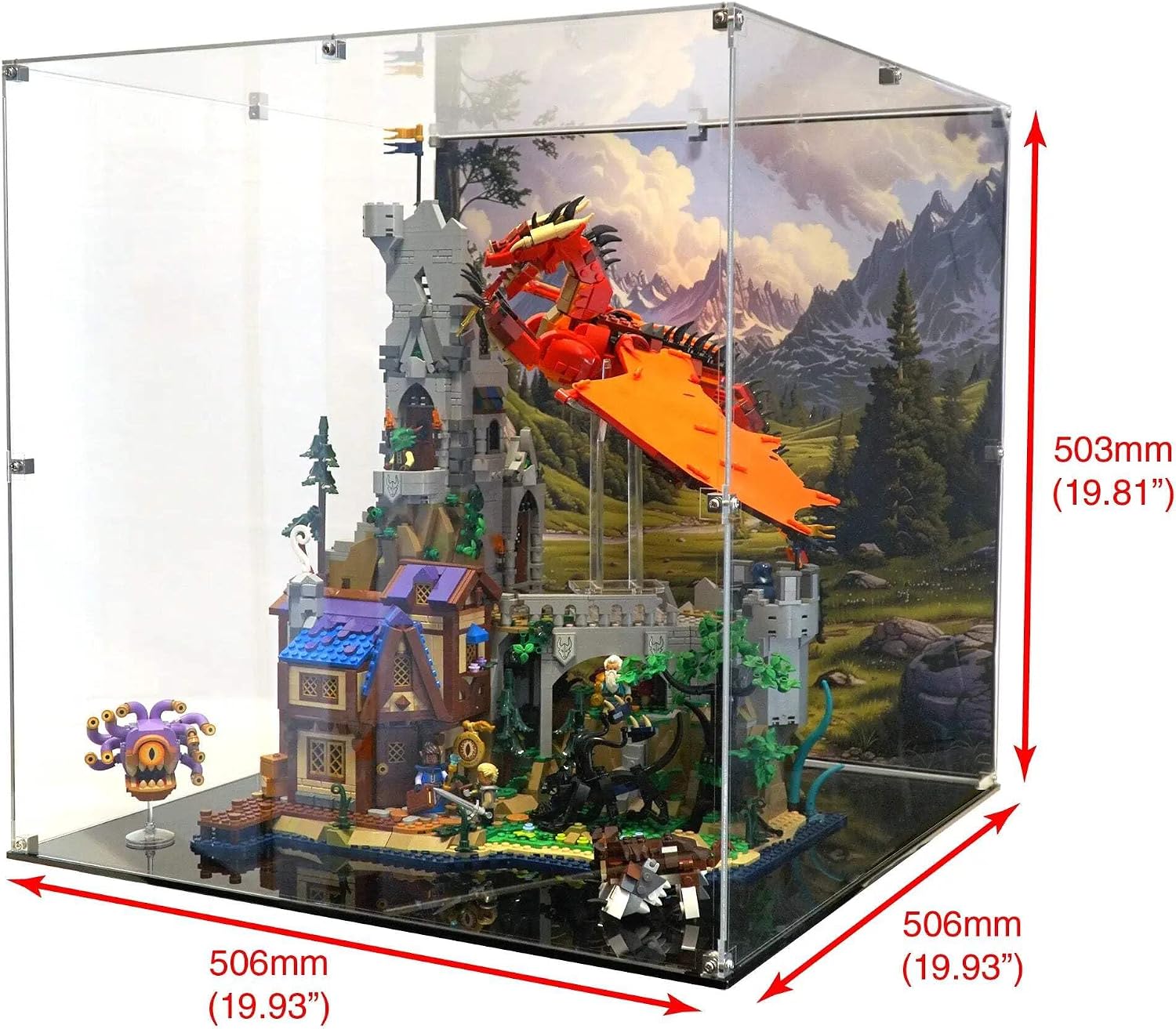 Display Case Compatible with Lego 21348 - Dungeons & Dragons: Red Dragon's Tale - Acrylic Dustproof Showcase with Pre-Printed Background - Set Not Included