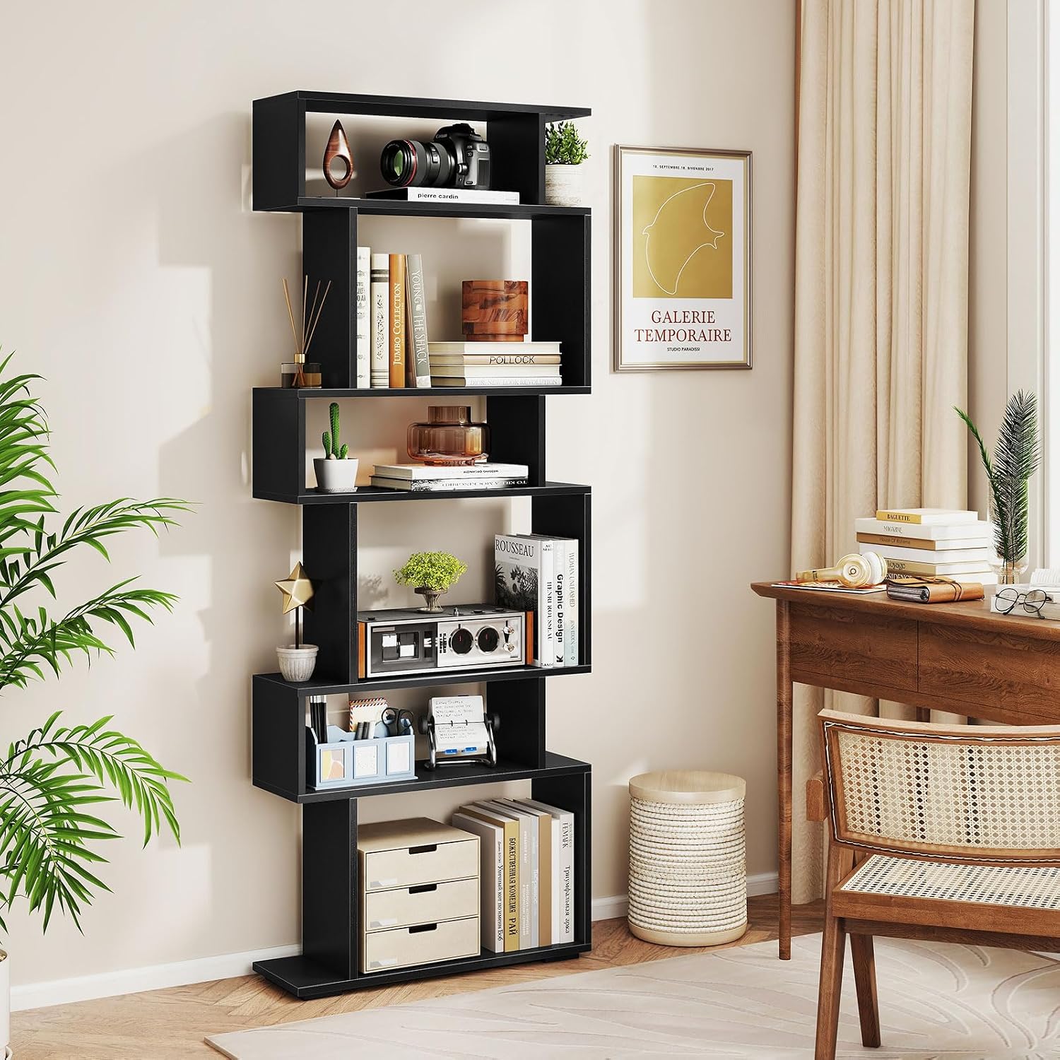 Giantex 6-Tier Geometric Bookshelves Set of 2, S-Shaped Bookcase with 2 Anti-Tipping Kits, Wooden Display Shelf, Decorative Storage Shelving Unit, Home Storage Organizer for Office Living Room, Black