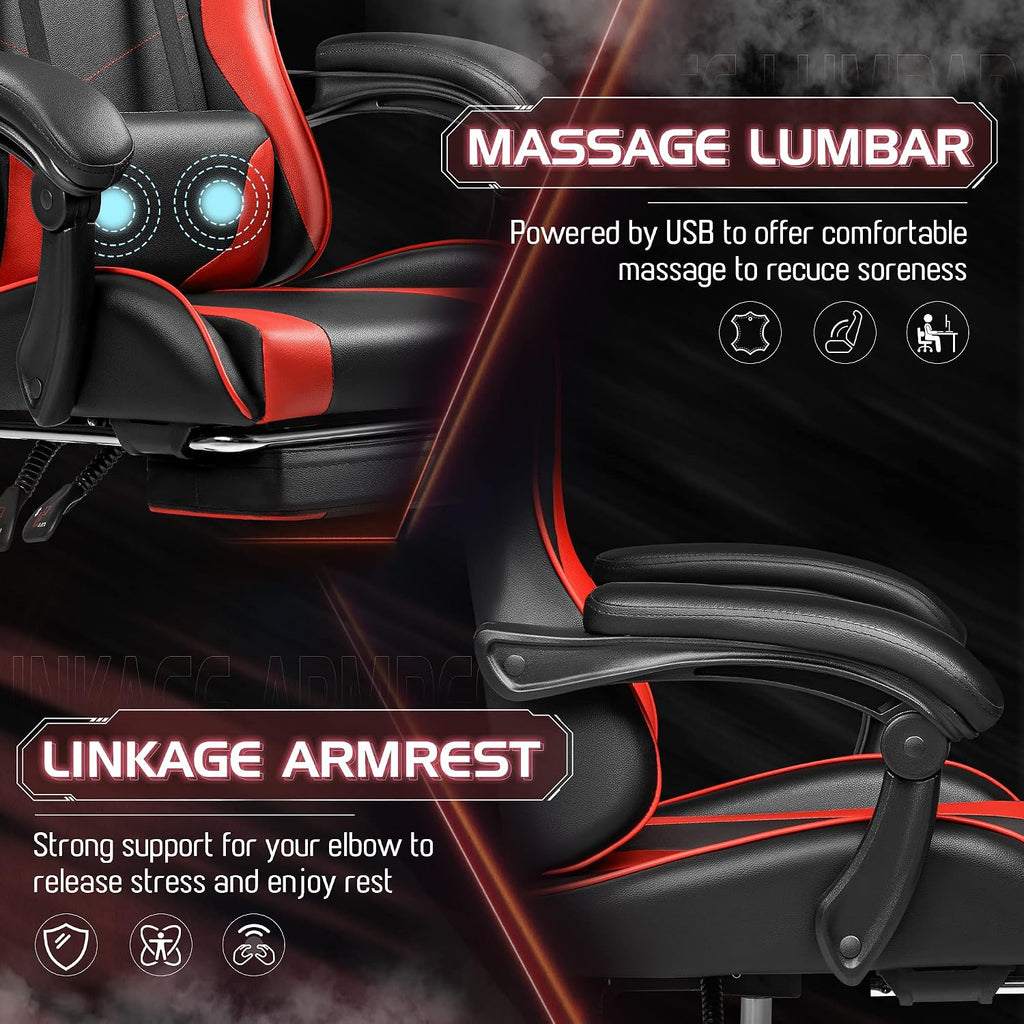 Homall Gaming Chair, Video Game Chair with Footrest and Massage Lumbar Support, Ergonomic Computer Chair Height Adjustable with Swivel Seat and Headrest (Red)