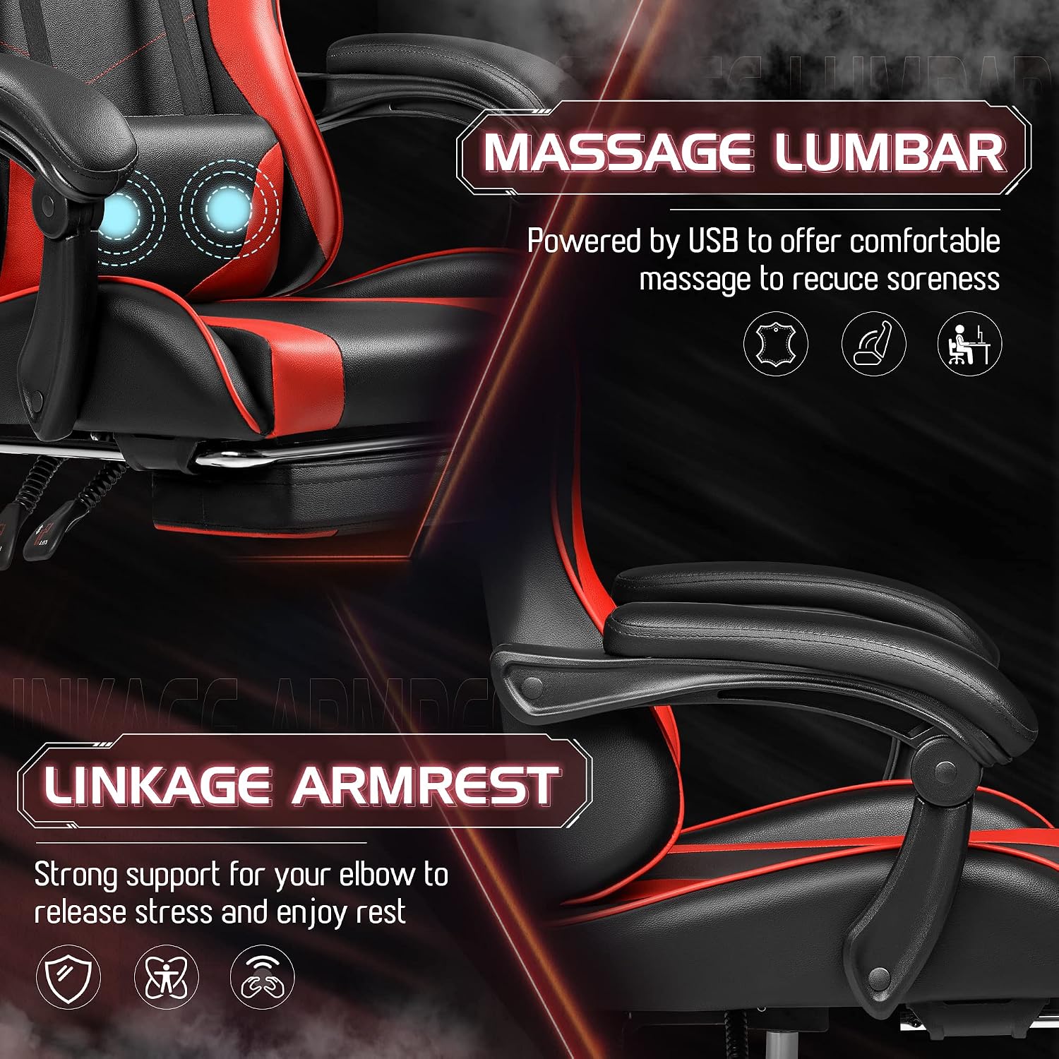 Homall Gaming Chair, Video Game Chair with Footrest and Massage Lumbar Support, Ergonomic Computer Chair Height Adjustable with Swivel Seat and Headrest (Red)