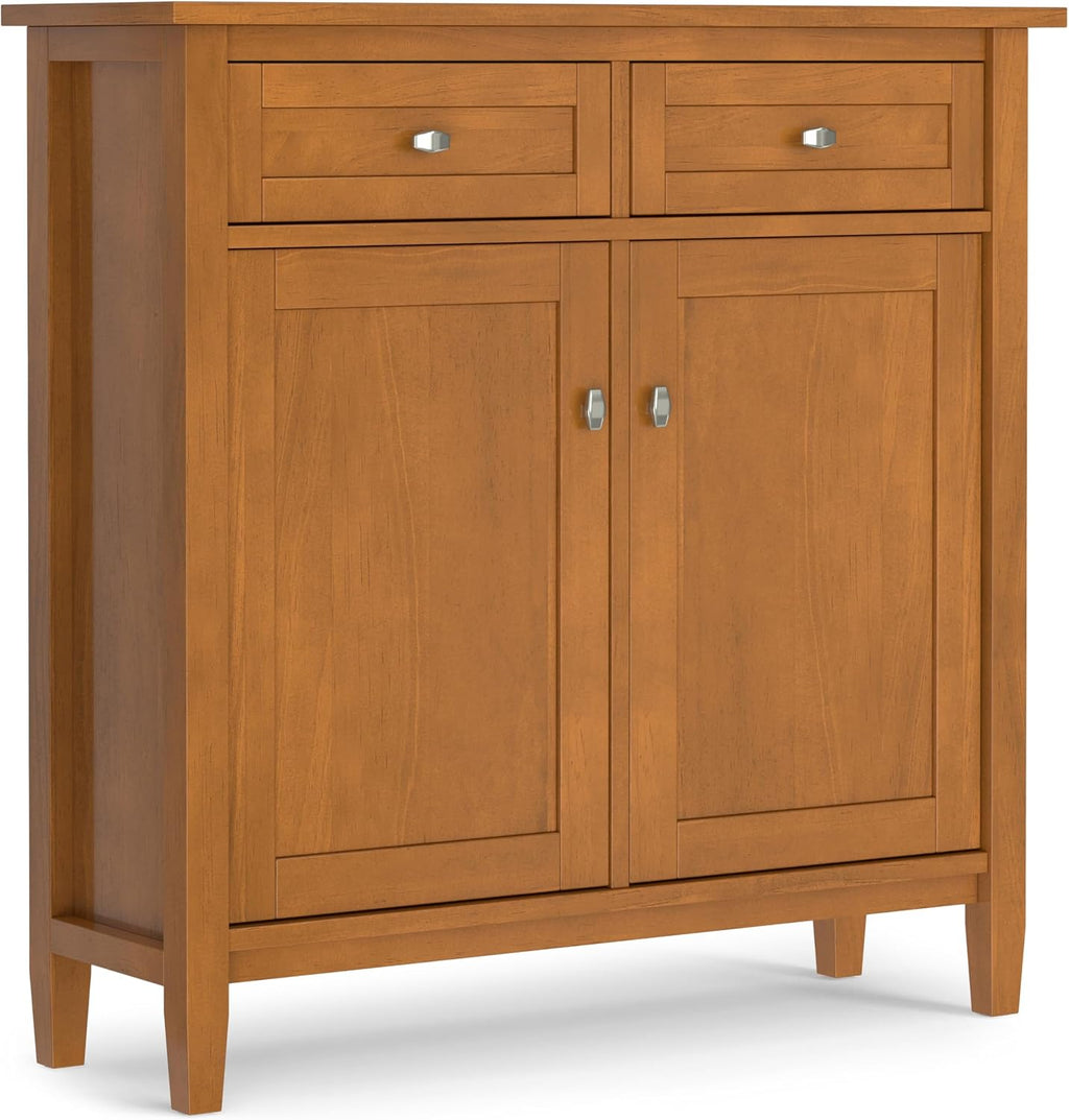 SIMPLIHOME Warm Shaker Storage Cabinet - 36 inch Wide Solid Wood 2-Shelf Entryway Storage Cabinet in Light Golden Brown, Transitional Accent Cabinet for Entryway with Drawers and Adjustable Shelves