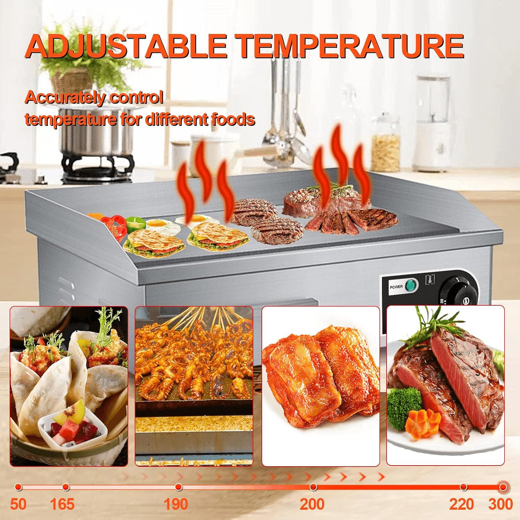 22' Electric Countertop Flat Top Griddle 1600W 110V Non-Stick Commercial Restaurant Teppanyaki Grill Stainless Steel Adjustable Temperature Control 50~300℃