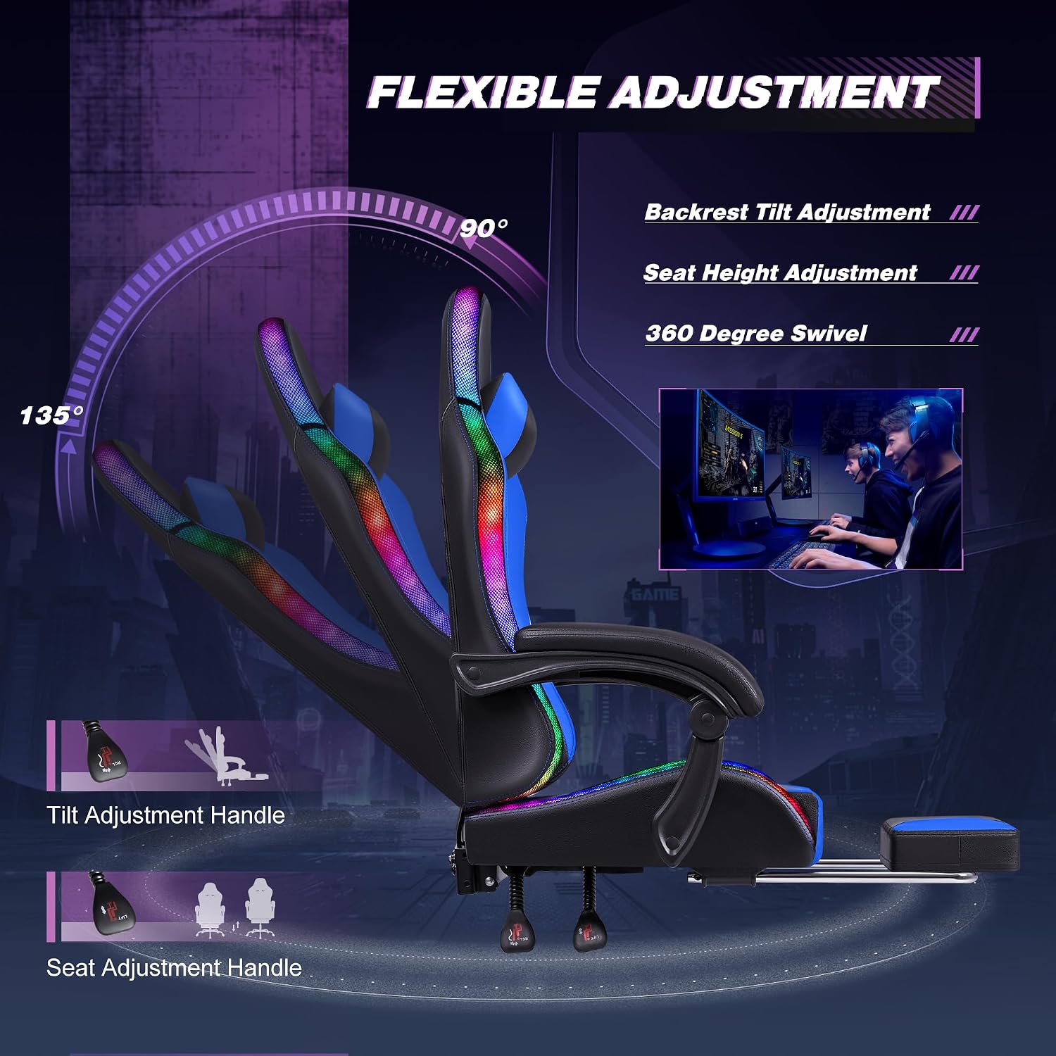 Homall Gaming Chair, Video Game Chair with Footrest and Massage Lumbar Support, Ergonomic Computer Chair Height Adjustable with Swivel Seat and Headrest (RGB Blue)