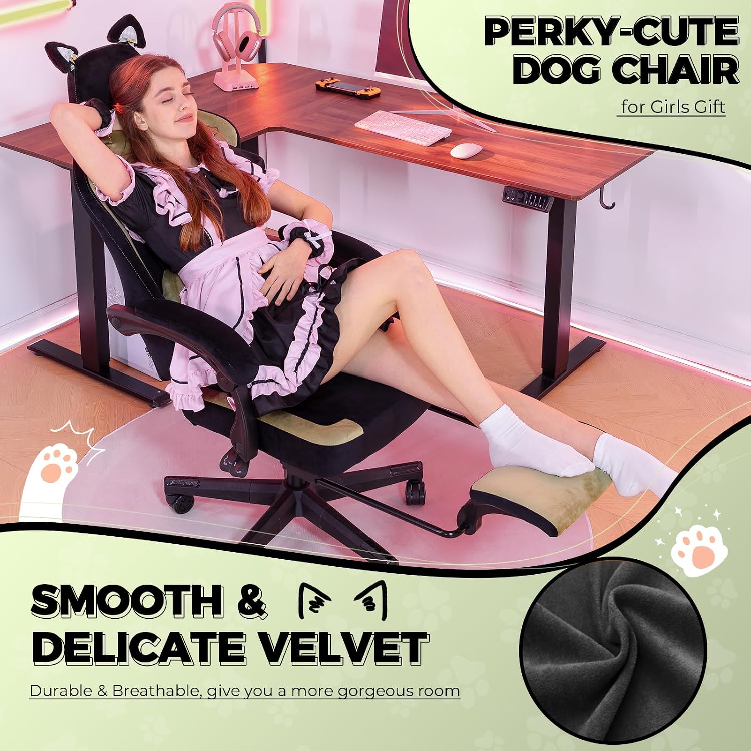 GTPLAYER Gaming Chair Cute with Cat Ears Ergonomic Computer Chair with Dog Embroidery Adjustable Memory Foam Lumbar Support and Headrest Comfortable Reclining Office Chair Soft Velvet Fabric for Women