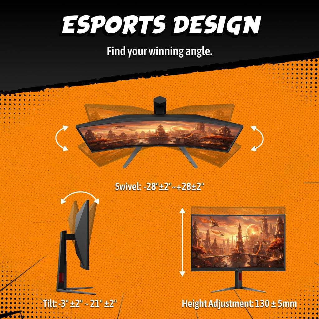 AOC 27' Curved Gaming Monitor, FHD 1080p, 280Hz (DP) 240Hz (HDMI), 0.3ms MPRT, VA Panel 1500R, AMD FreeSync Premium, HDR Ready, Height Adjustable, DisplayPort HDMI C27G4ZH