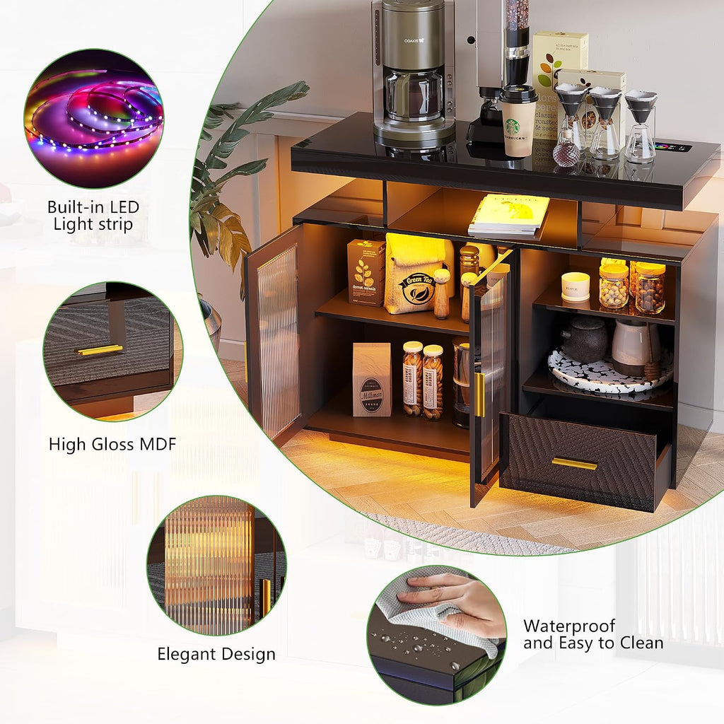 HNEBC LED Sideboard Buffet Cabinet with Charging Station, Smart Bar Cabinet with Auto RGB Lighted, High Gloss Coffee Bar with Drawer/Hutch for Living Room, Dining Room, Home Storager(Black)