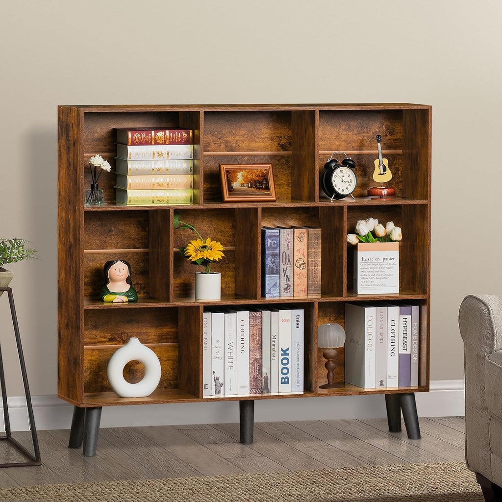 LEYAOYAO 10 Cube Bookshelf,3 Tier Modern Wide Bookcase with Legs,Mid-Century Wood Bookshelves Storage，Brown Large Book Case,Freestanding Organizer Display Shelf for Bedroom,Living Room,Office