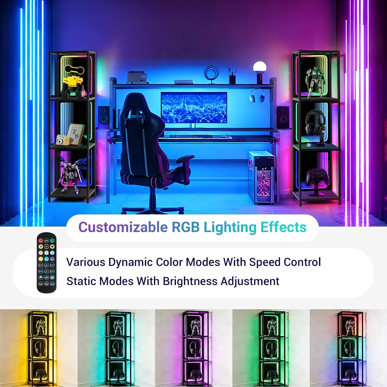 FUSLITE 3 Tier Storage Cabinet with LED Infinity Mirror Light, RGBW Display Cabinet with Adjustable Color Temp for Bedroom Office Gaming Room Decor,Action Figures, Collectibles, Black