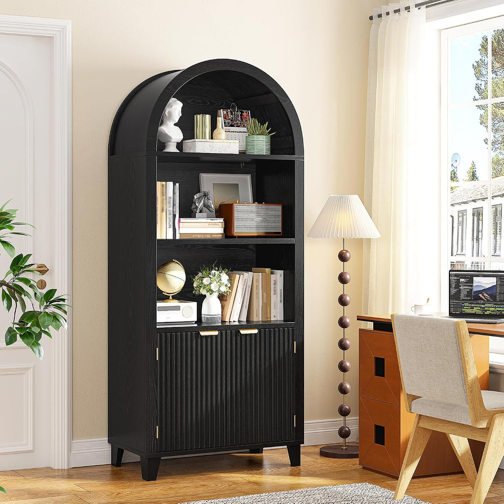 DurayLoly Book Shelf Arched Cabinet, 5-Tier Arched Bookcase with Doors and Adjustable Wood Shelves, Wooden Storage Cabinet with Open Display Shelf for Office,Living Room, Kitchen, Black