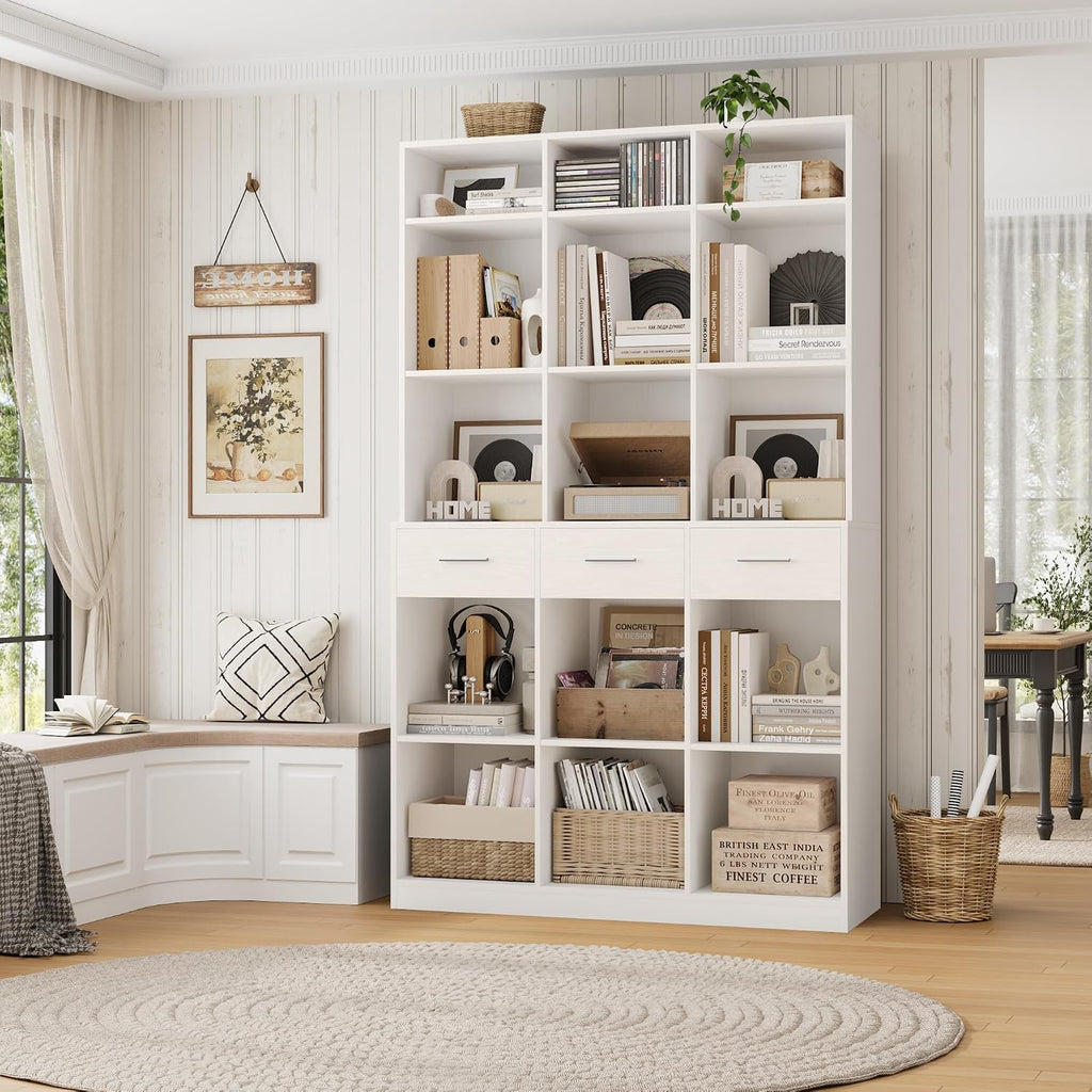HOSTACK 75' Tall Book Shelf and Bookcase, 47' Wide Bookshelf with Drawers, Modern 9 Tier Bookcase with Storage, Large Wood Display Cabinet with Adjustable Shelves for Living Room, Home Office, White